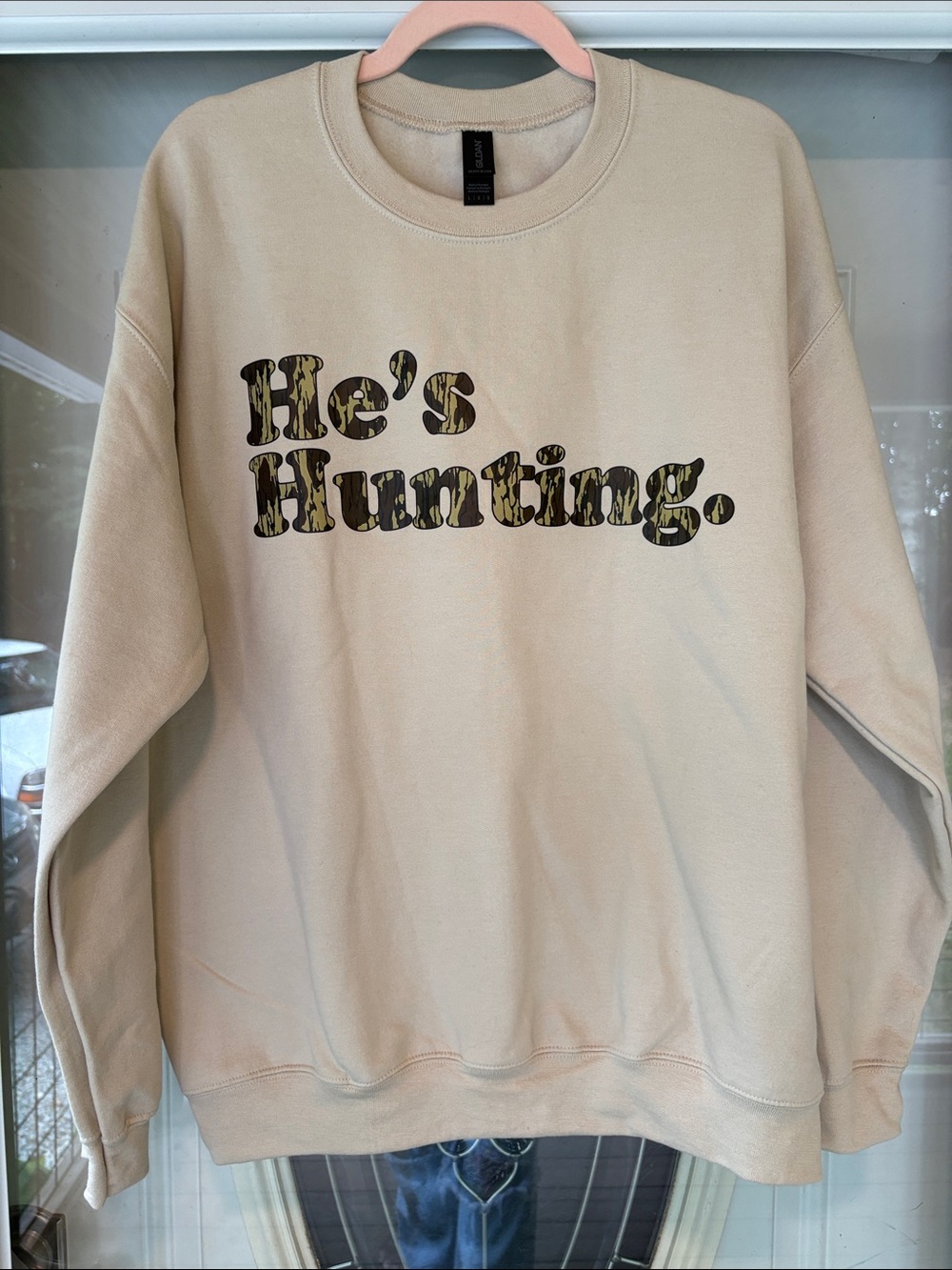 Gildan Cream Crewneck Sweatshirt with Camo 'He's Hunting' Print